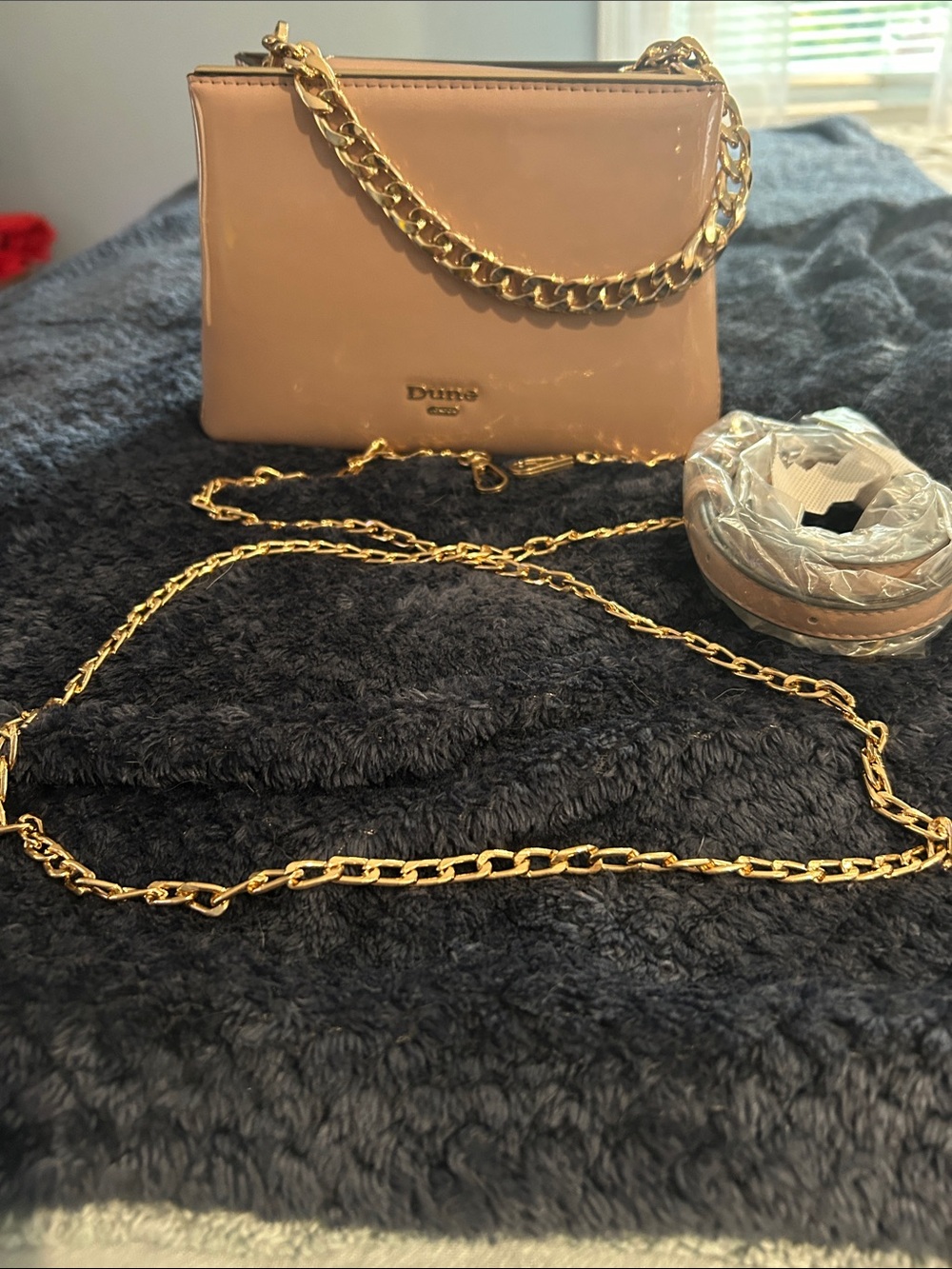 Nude Patent Crossbody Bag with Gold Chain
